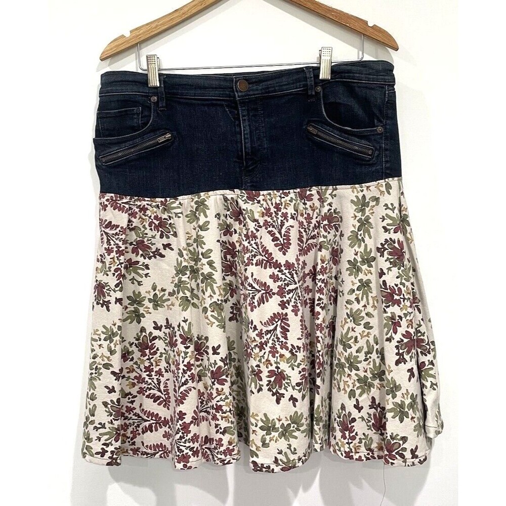 Loft Y2K denim mixed print tiered denim ruffle skirt boho festival 12/14